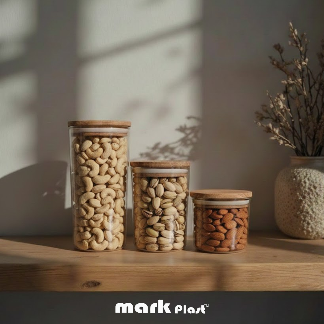 Rounded Acrylic Food Storage containers with wooden lid (Set 3 Pieces)