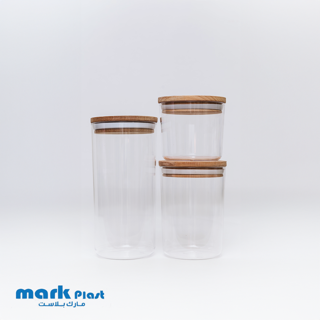 Rounded Acrylic Food Storage containers with wooden lid (Set 3 Pieces)