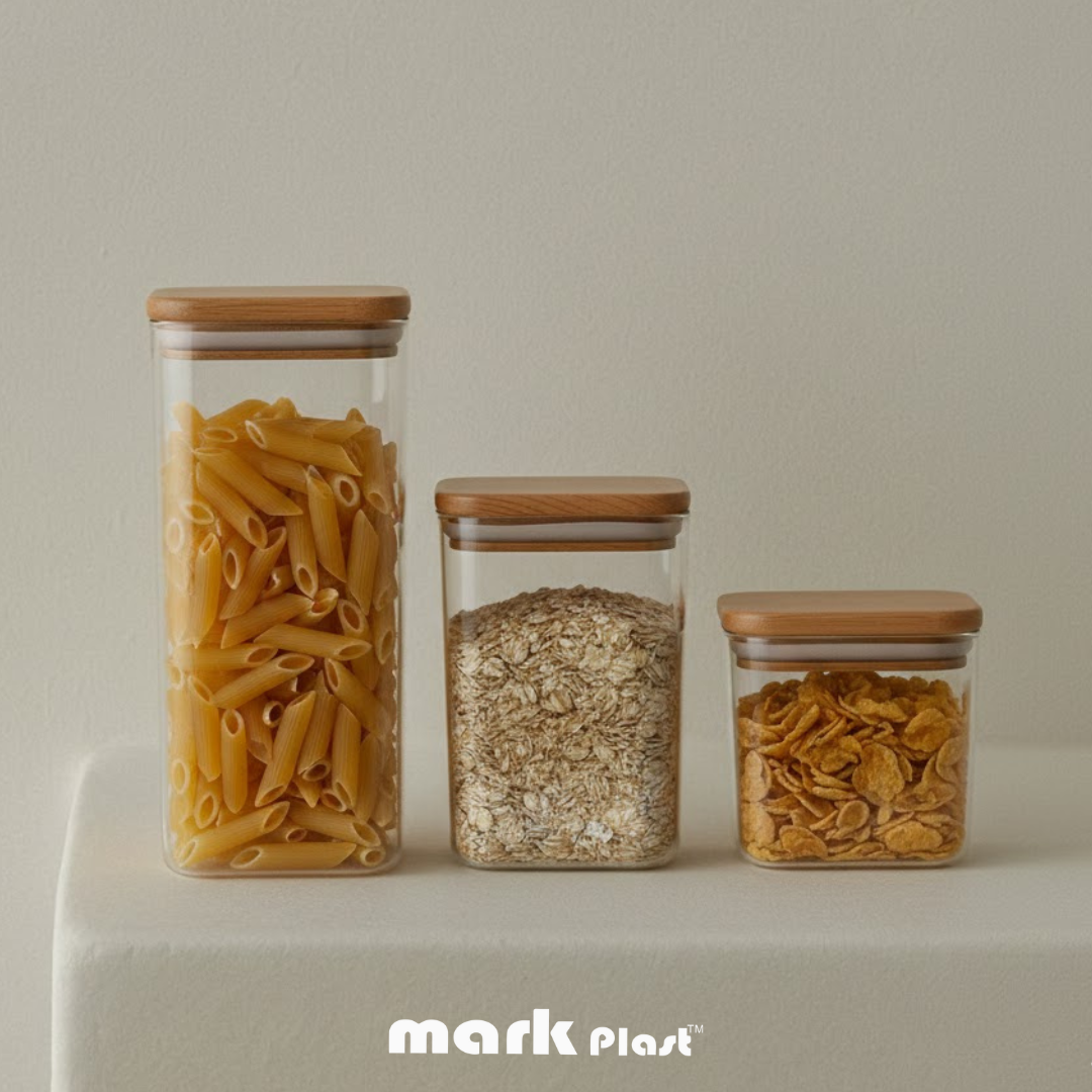Squared Acrylic Food Storage containers with wooden lid (Set 3 Pieces)