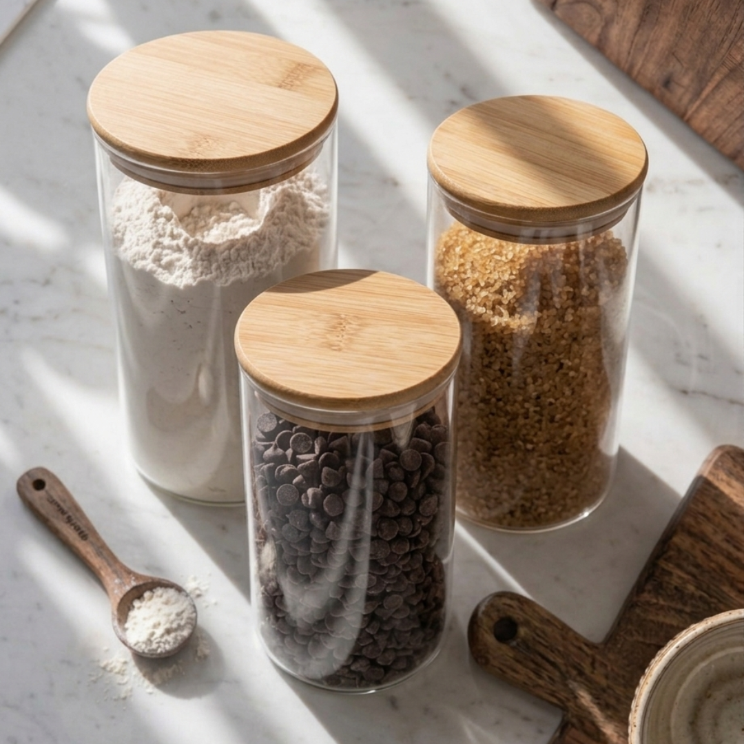 Rounded Acrylic Food Storage containers with wooden lid (Set 3 Pieces)