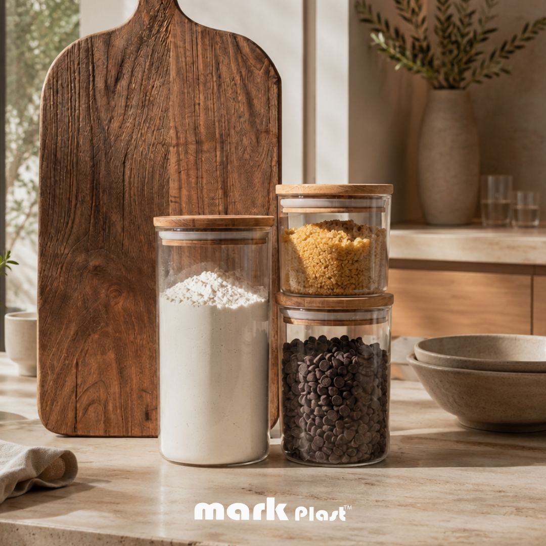 Rounded Acrylic Food Storage containers with wooden lid (Set 3 Pieces)