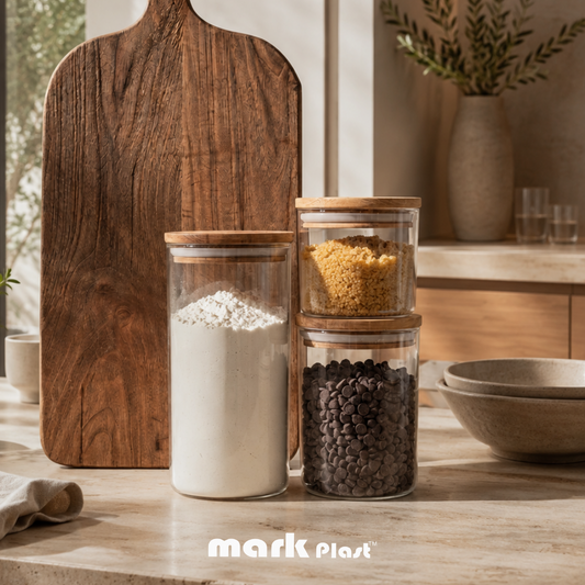 Rounded Acrylic Food Storage containers with wooden lid (Set 3 Pieces)